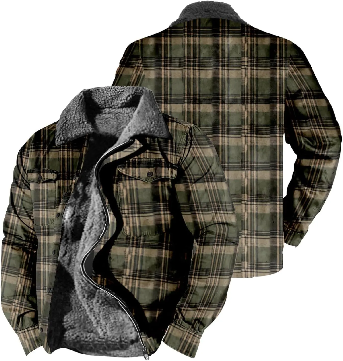 Mens Flannel Jacket Casual Plaid Print Lapel Button Down Pocket Long Sleeve Shirt Patchwork Heavy Warm Fleece Lined