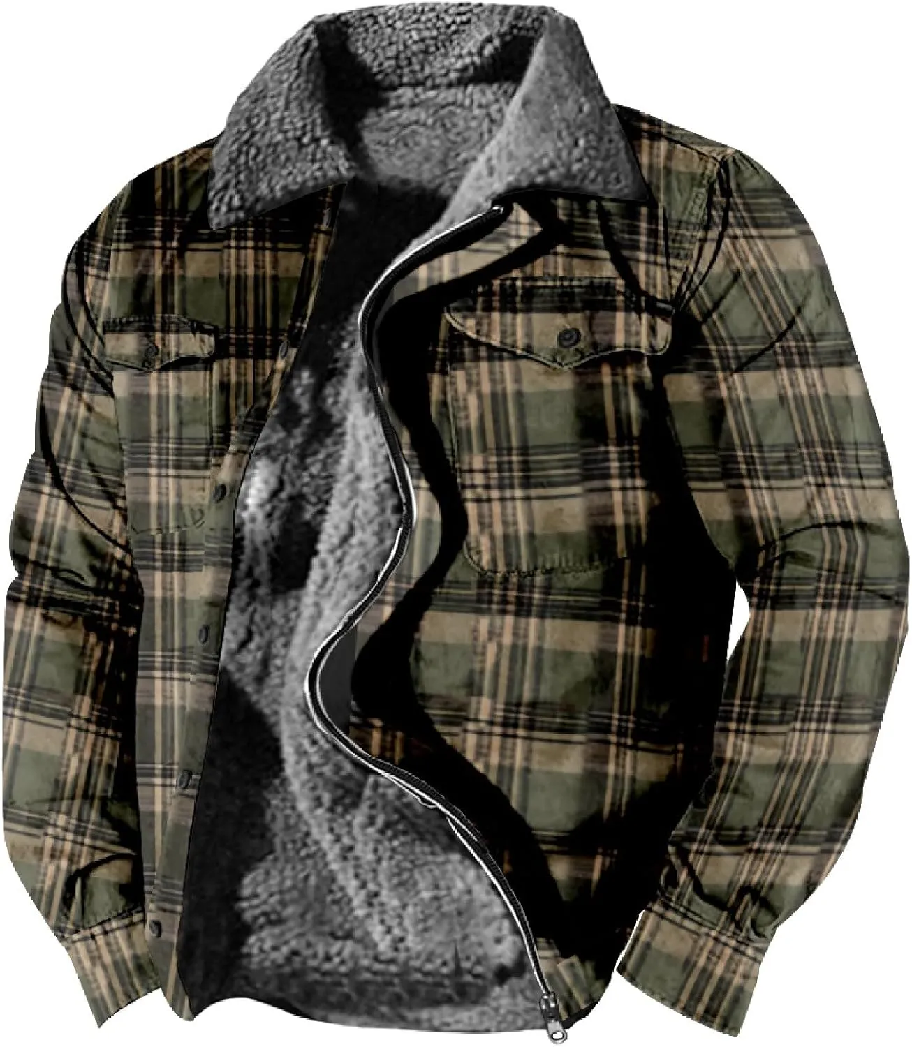 Mens Flannel Jacket Casual Plaid Print Lapel Button Down Pocket Long Sleeve Shirt Patchwork Heavy Warm Fleece Lined