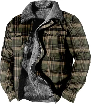 Mens Flannel Jacket Casual Plaid Print Lapel Button Down Pocket Long Sleeve Shirt Patchwork Heavy Warm Fleece Lined