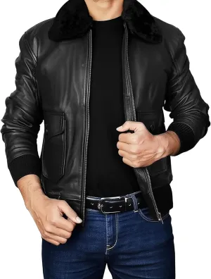 Mens G1 Aviator Pilot Removable Fur Collar Bomber Leather Jacket Black/Brown-Real/Faux
