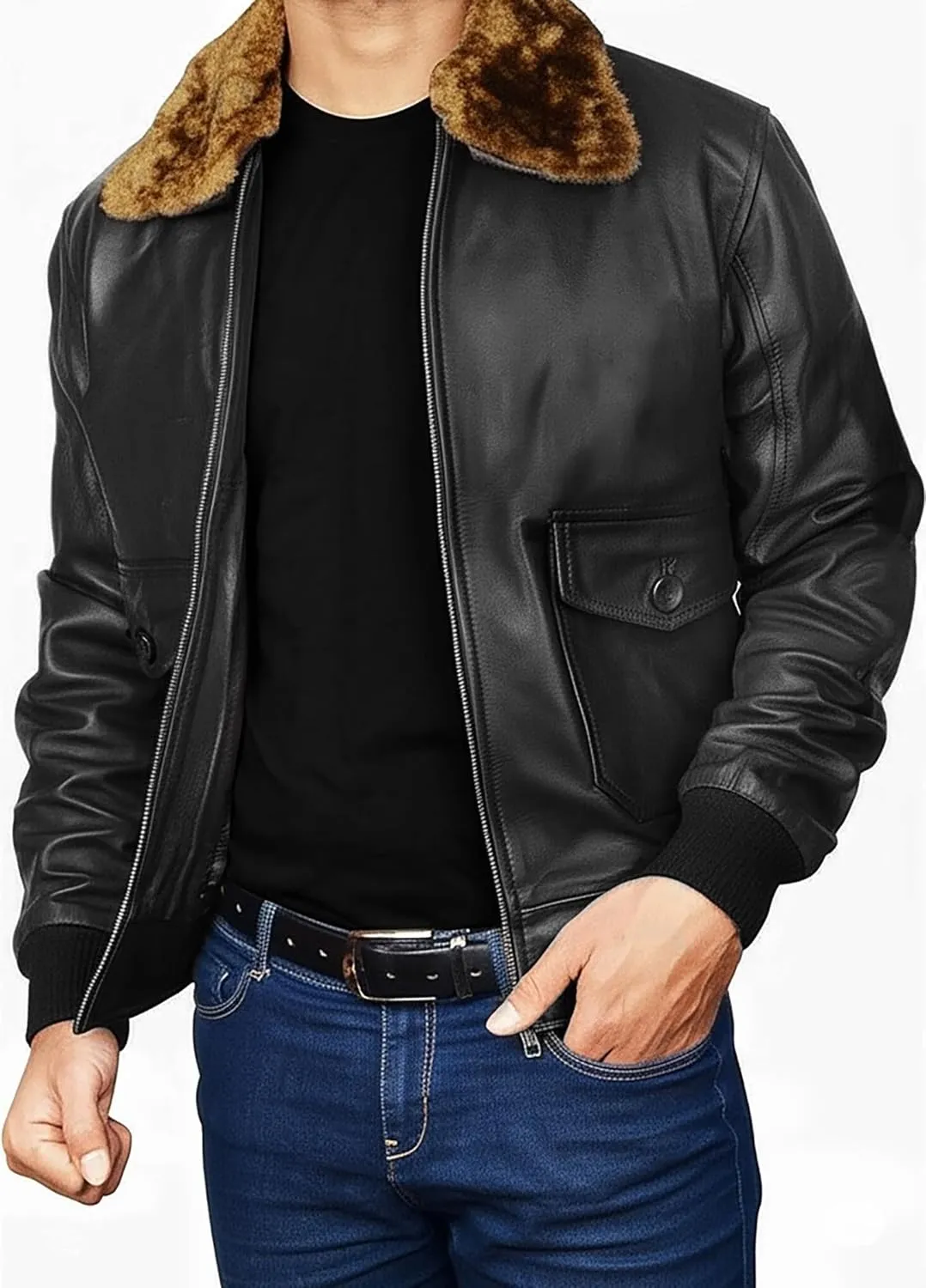 Mens G1 Aviator Pilot Removable Fur Collar Bomber Leather Jacket Black/Brown-Real/Faux
