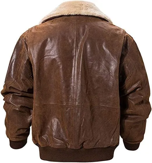 Men's G1 Flying Aviator Pilot Multiple Patches Bomber Leather Jacket With Removable Fur Collar for men.