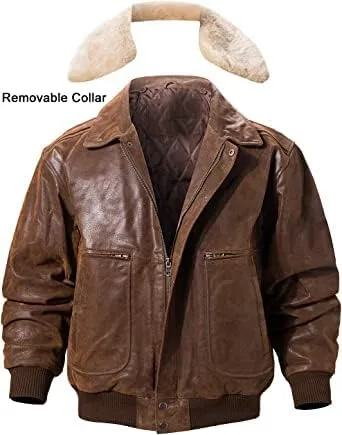 Men's G1 Flying Aviator Pilot Multiple Patches Bomber Leather Jacket With Removable Fur Collar for men.