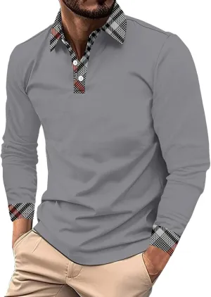 Men's Knit Lapel Collar Shirts Casual Printted Patchwork Long Sleeve Classic Shirts Outdoor Button Down Golf Shirts