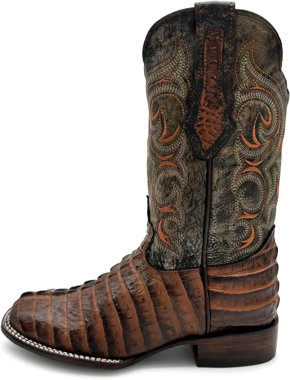 Mens Leather Alligator Tail Print Square Toe Western Cowboy Boot