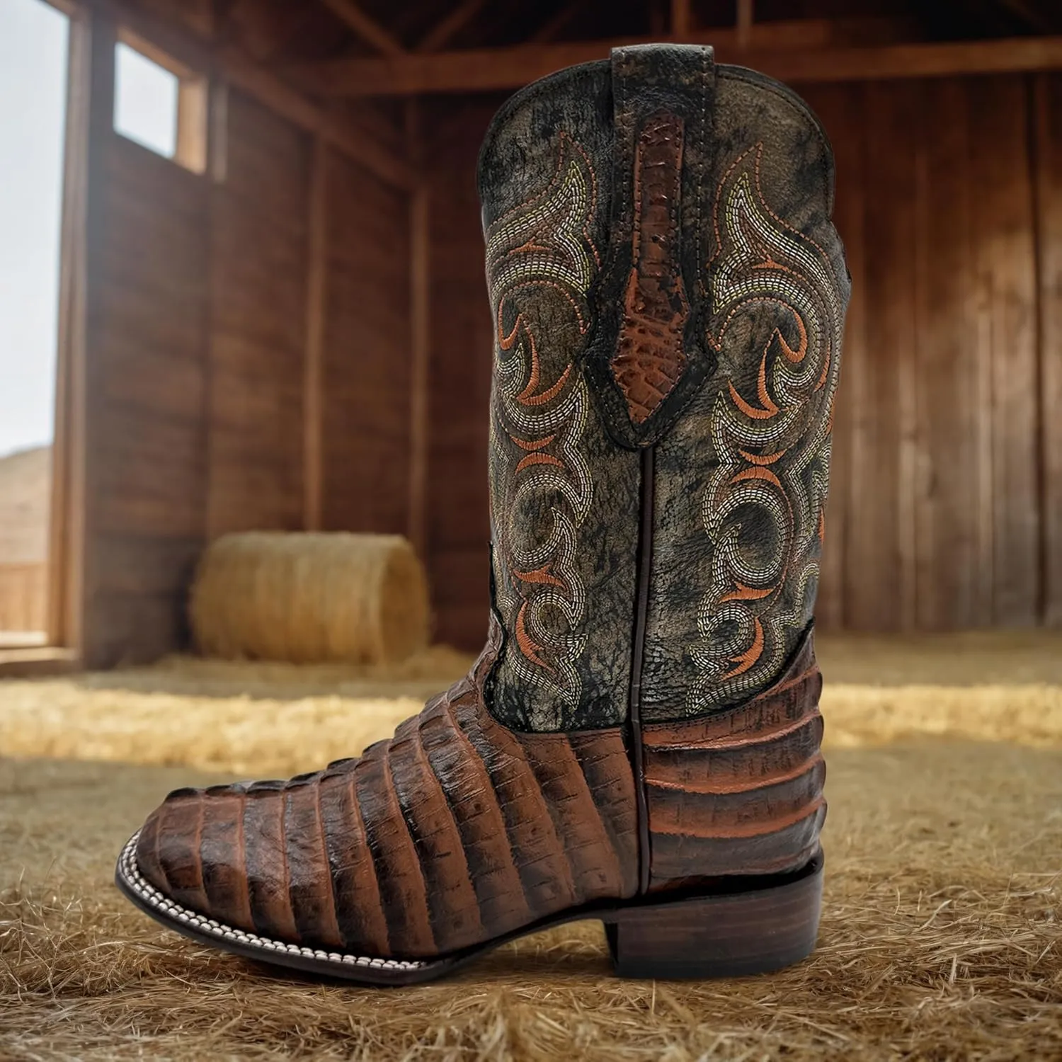 Mens Leather Alligator Tail Print Square Toe Western Cowboy Boot