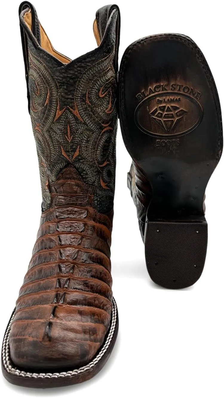 Mens Leather Alligator Tail Print Square Toe Western Cowboy Boot