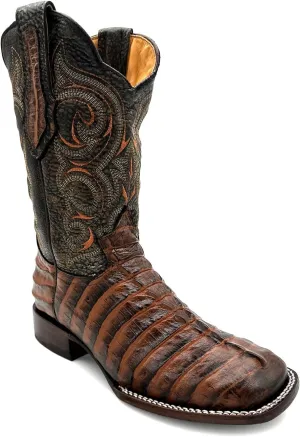 Mens Leather Alligator Tail Print Square Toe Western Cowboy Boot
