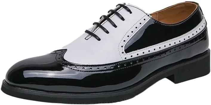 Men's Leather lace-up Oxford Shoes Classic Wingtip Two-Tone Patchwork Brogues Fashionable Punched Toes Slip-on Leather Shoes