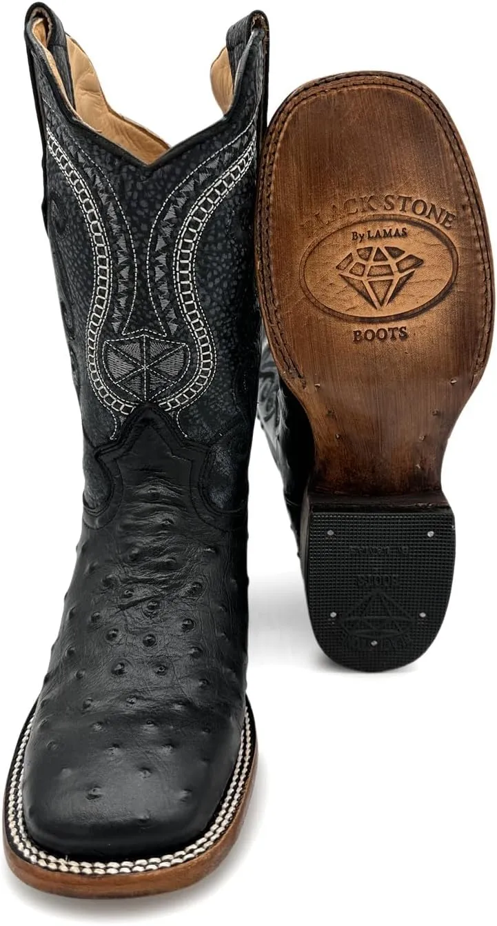 Mens Leather Ostrich Quill Print Square Toe Western Cowboy Boot