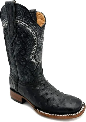 Mens Leather Ostrich Quill Print Square Toe Western Cowboy Boot