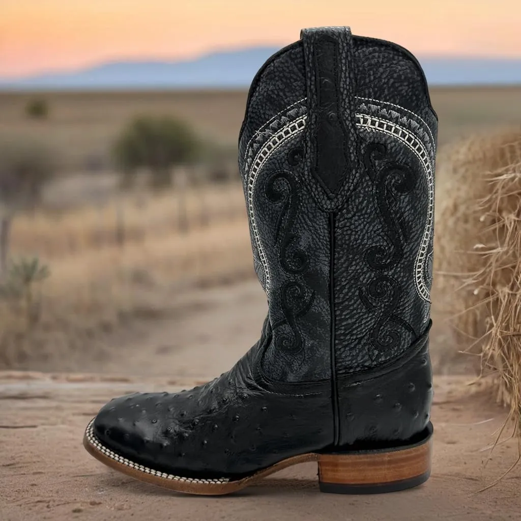 Mens Leather Ostrich Quill Print Square Toe Western Cowboy Boot