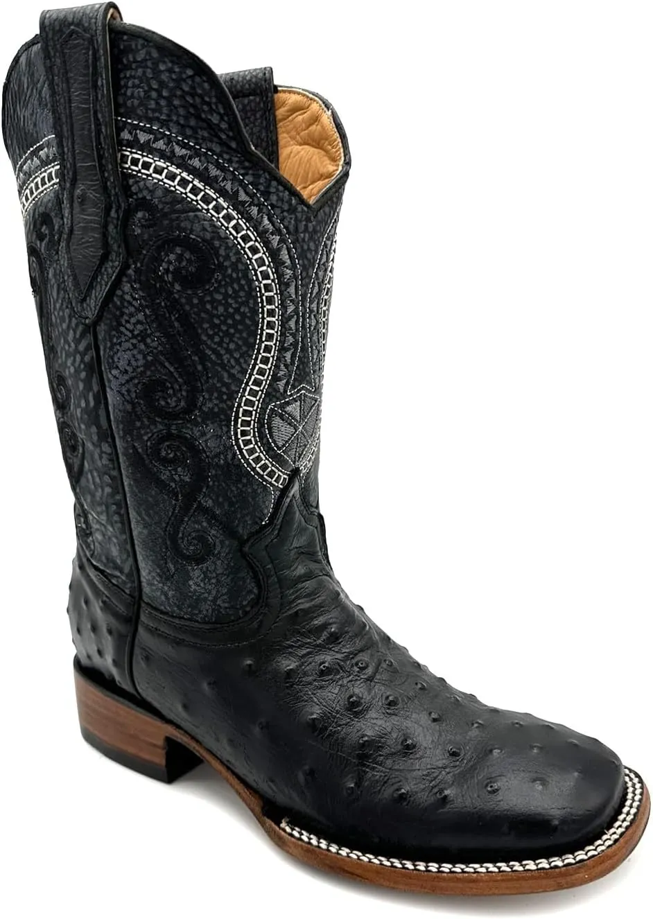 Mens Leather Ostrich Quill Print Square Toe Western Cowboy Boot