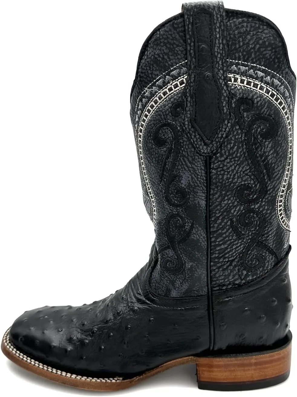 Mens Leather Ostrich Quill Print Square Toe Western Cowboy Boot