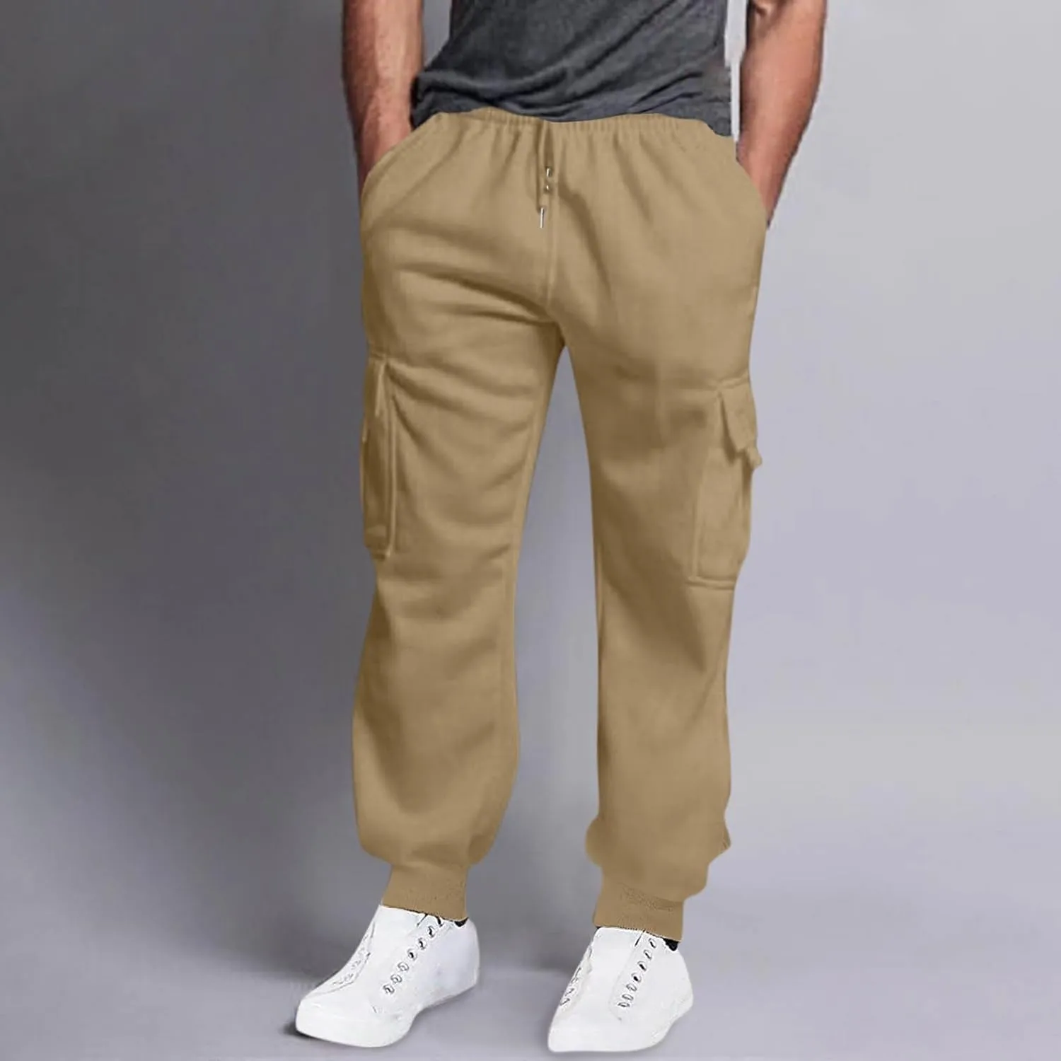 Mens Outdoor Hiking Cargo Pants Leisure Loose Sports Running Solid Color Lace Up Cargo Pants Men's Cargo Tactical