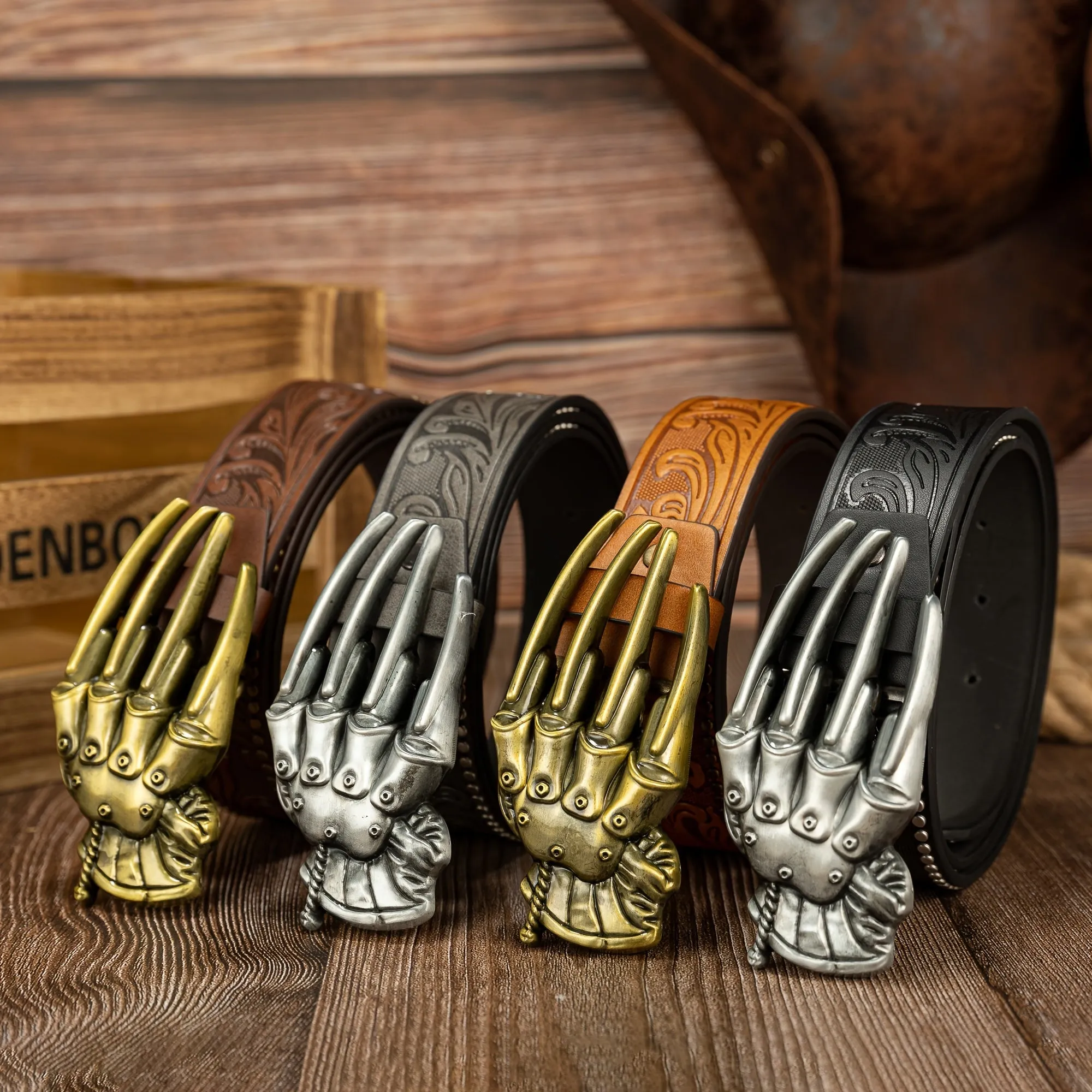 Men's Phoenix Tail Embossed Belt with Mechanical Glove Clasp