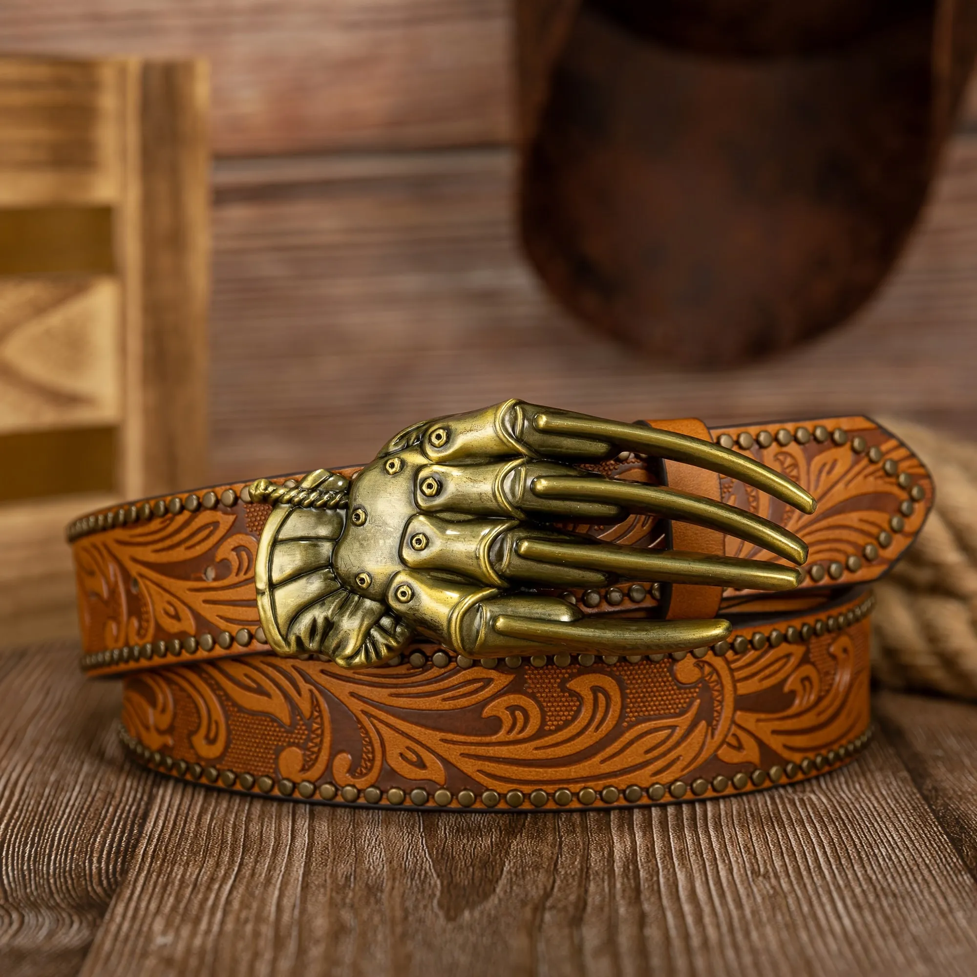 Men's Phoenix Tail Embossed Belt with Mechanical Glove Clasp