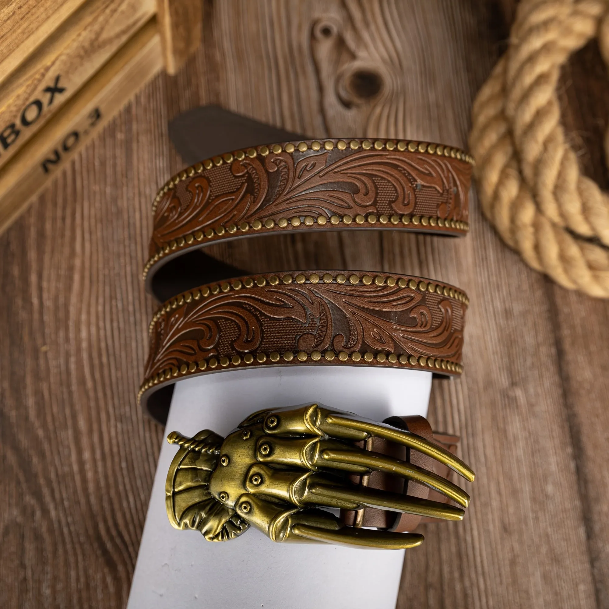 Men's Phoenix Tail Embossed Belt with Mechanical Glove Clasp