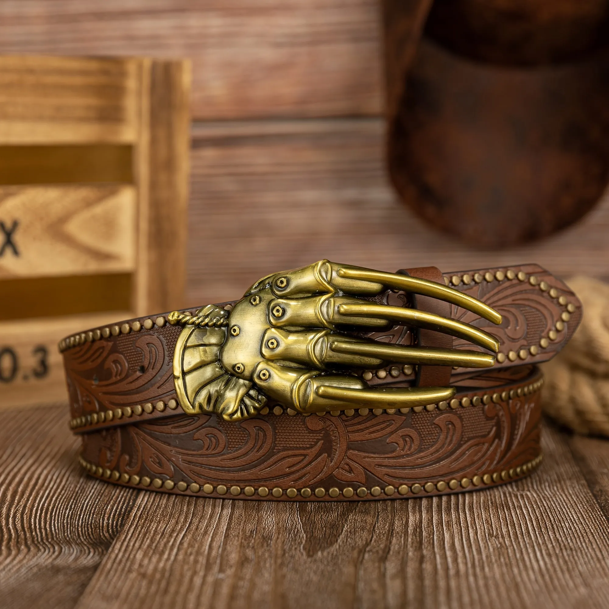 Men's Phoenix Tail Embossed Belt with Mechanical Glove Clasp