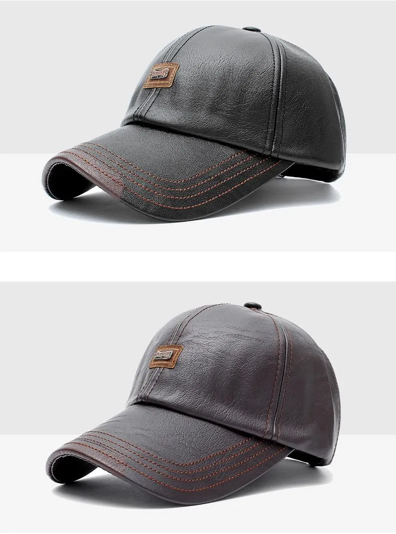 Men's PU Leather Baseball Cap with Adjustable Buckle Plain Wide Brim Hat for Autumn Winter