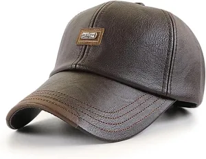 Men's PU Leather Baseball Cap with Adjustable Buckle Plain Wide Brim Hat for Autumn Winter