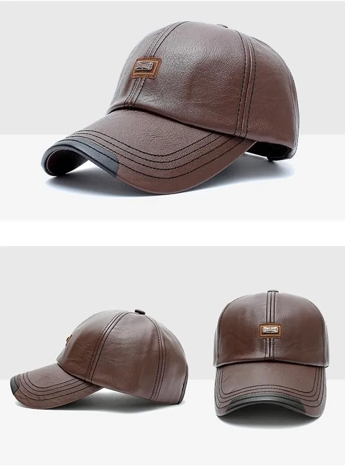 Men's PU Leather Baseball Cap with Adjustable Buckle Plain Wide Brim Hat for Autumn Winter
