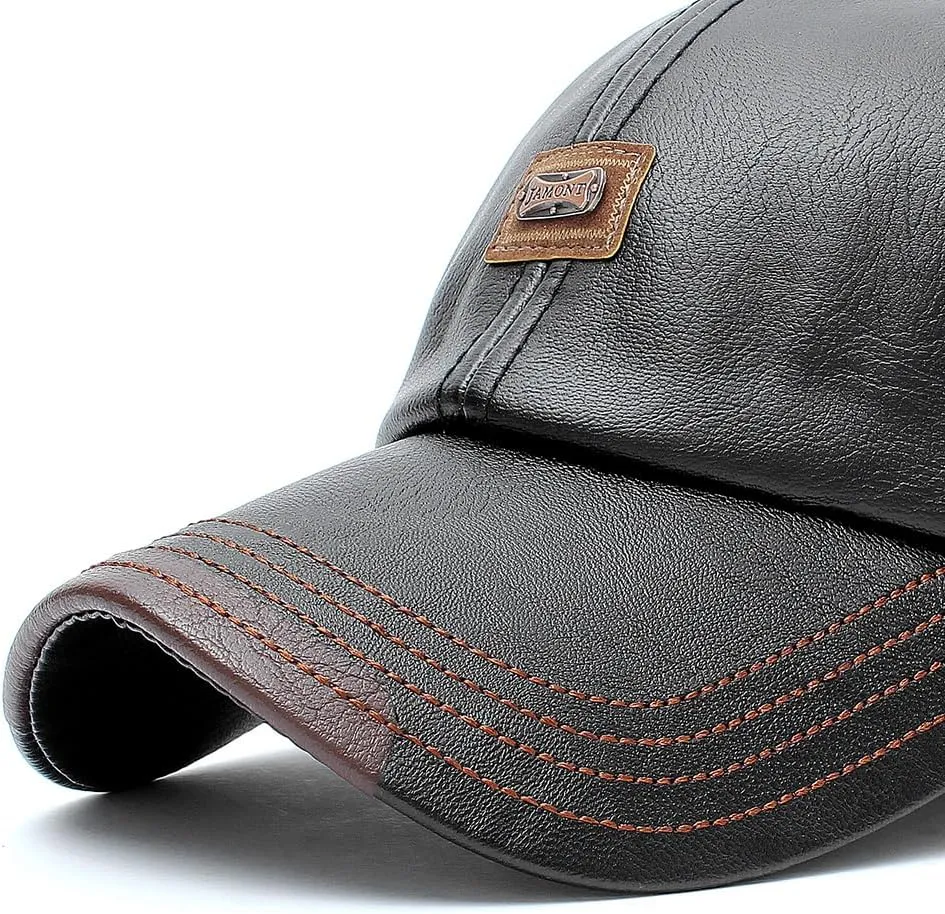 Men's PU Leather Baseball Cap with Adjustable Buckle Plain Wide Brim Hat for Autumn Winter