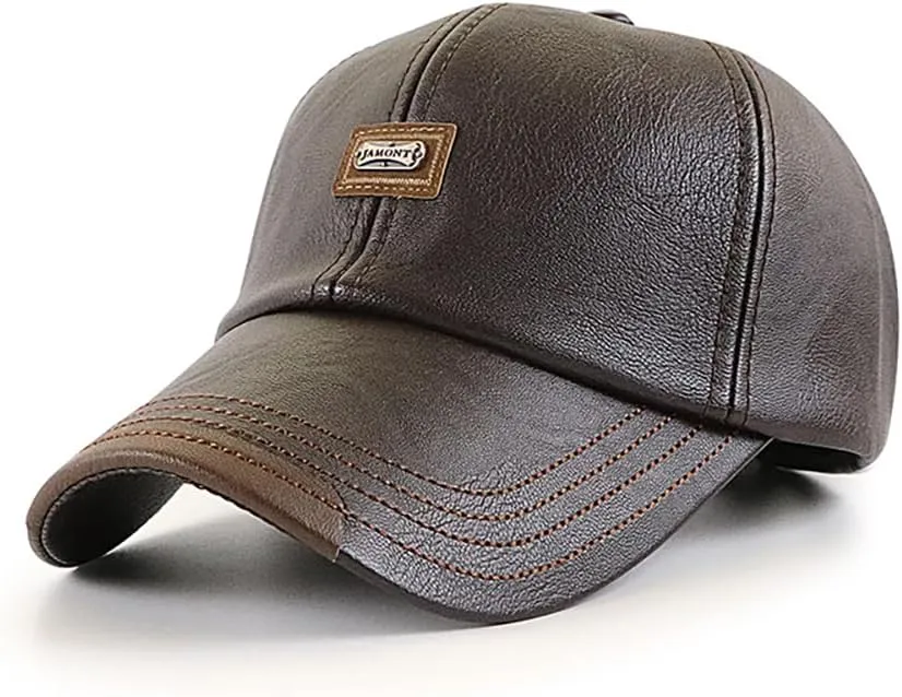 Men's PU Leather Baseball Cap with Adjustable Buckle Plain Wide Brim Hat for Autumn Winter
