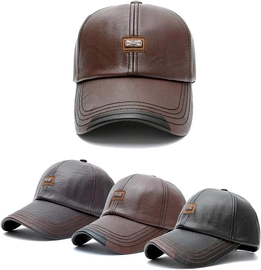 Men's PU Leather Baseball Cap with Adjustable Buckle Plain Wide Brim Hat for Autumn Winter