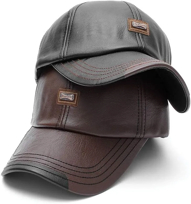 Men's PU Leather Baseball Cap with Adjustable Buckle Plain Wide Brim Hat for Autumn Winter