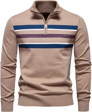 Mens Quarter Zip Sweater Striped Print Turtleneck Pullover Sweater Winter Long Sleeve Business Casual Knit Polo Shirt
