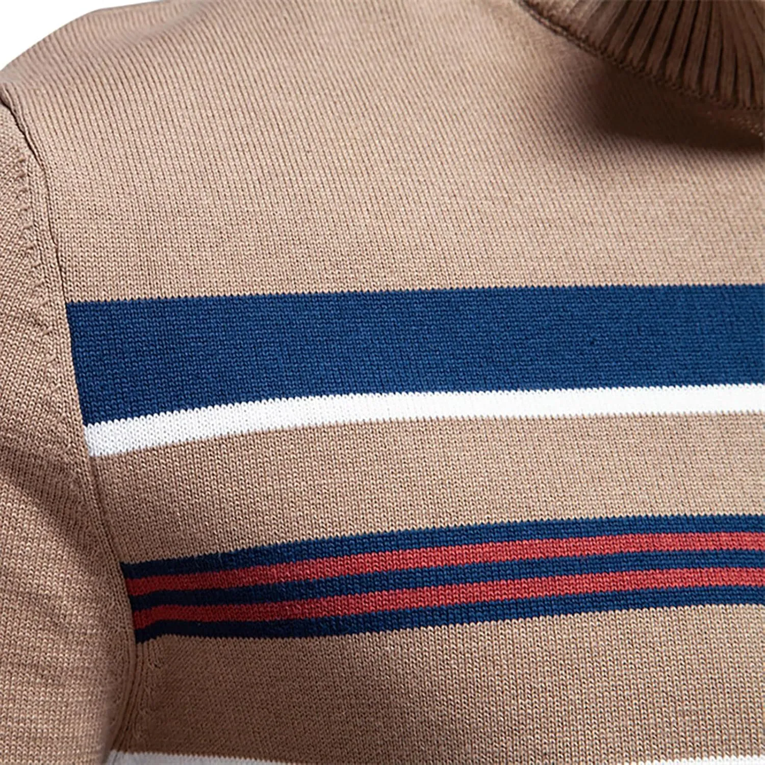 Mens Quarter Zip Sweater Striped Print Turtleneck Pullover Sweater Winter Long Sleeve Business Casual Knit Polo Shirt