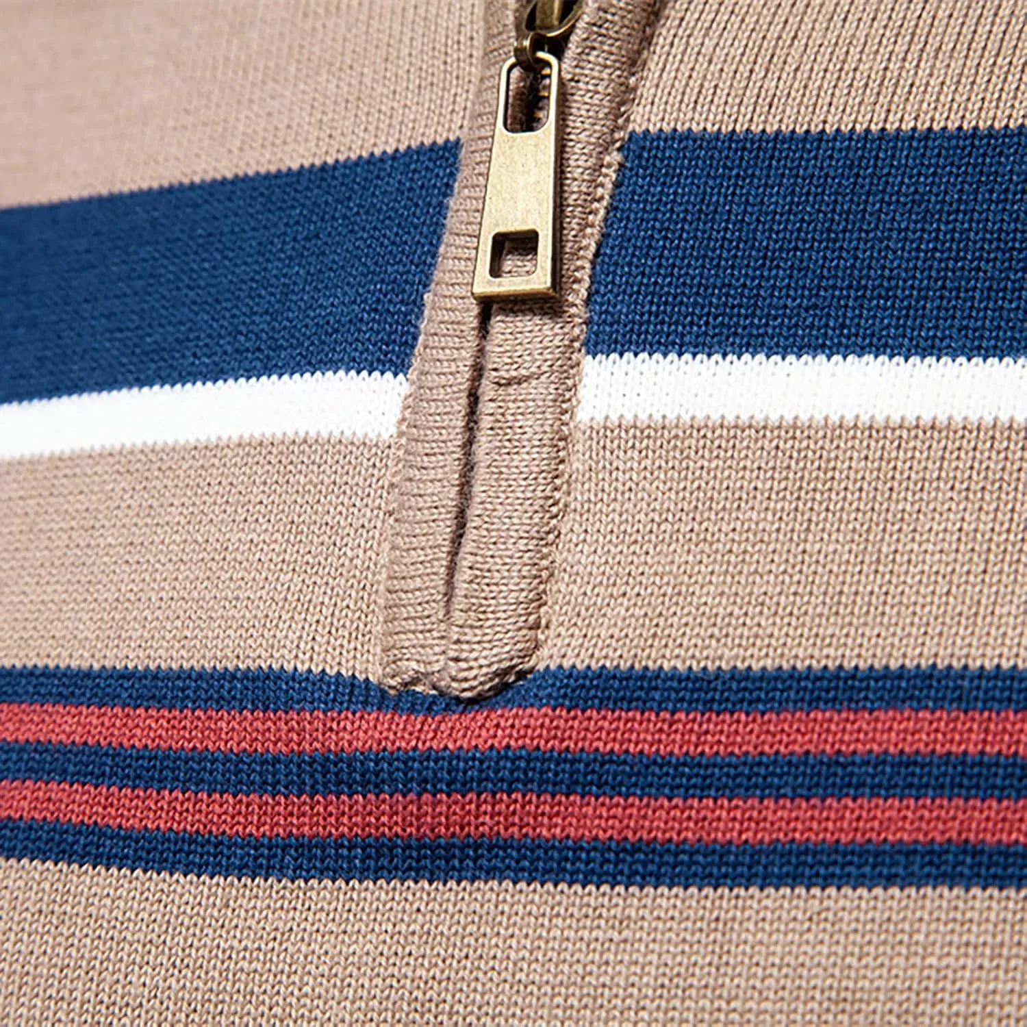 Mens Quarter Zip Sweater Striped Print Turtleneck Pullover Sweater Winter Long Sleeve Business Casual Knit Polo Shirt
