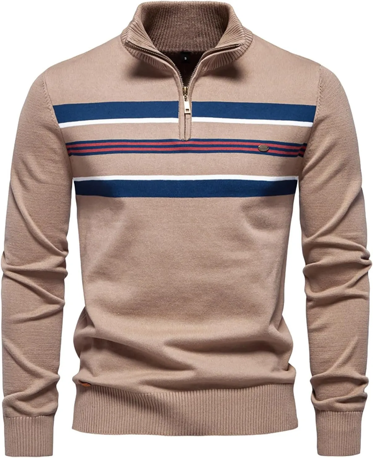 Mens Quarter Zip Sweater Striped Print Turtleneck Pullover Sweater Winter Long Sleeve Business Casual Knit Polo Shirt