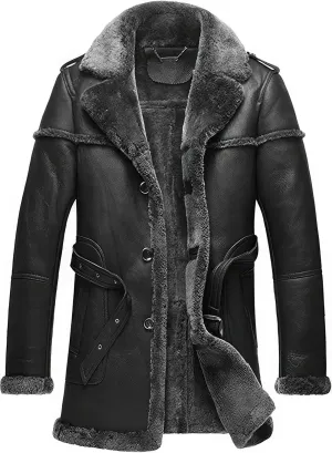 Mens RAF Aviator Black Sheepskin Leather Faux Fur Single Breasted Mid Length Coat - B3 Bomber Flying Pilot Trench Coat Men