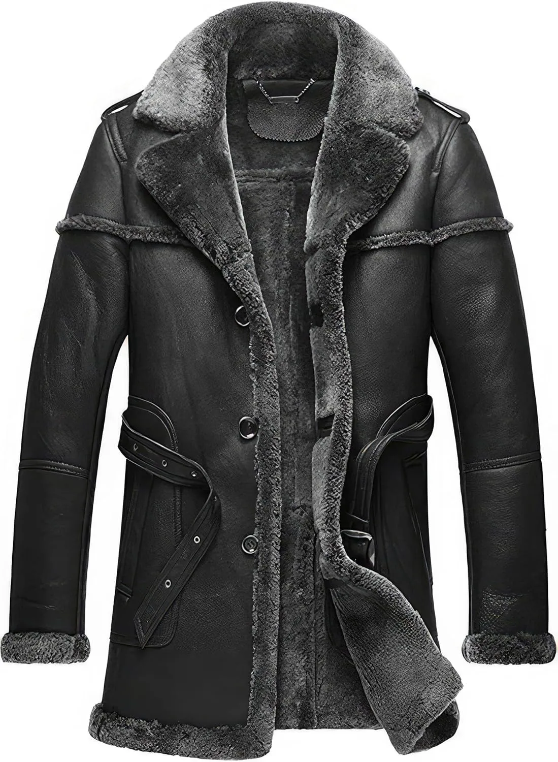 Mens RAF Aviator Black Sheepskin Leather Faux Fur Single Breasted Mid Length Coat - B3 Bomber Flying Pilot Trench Coat Men
