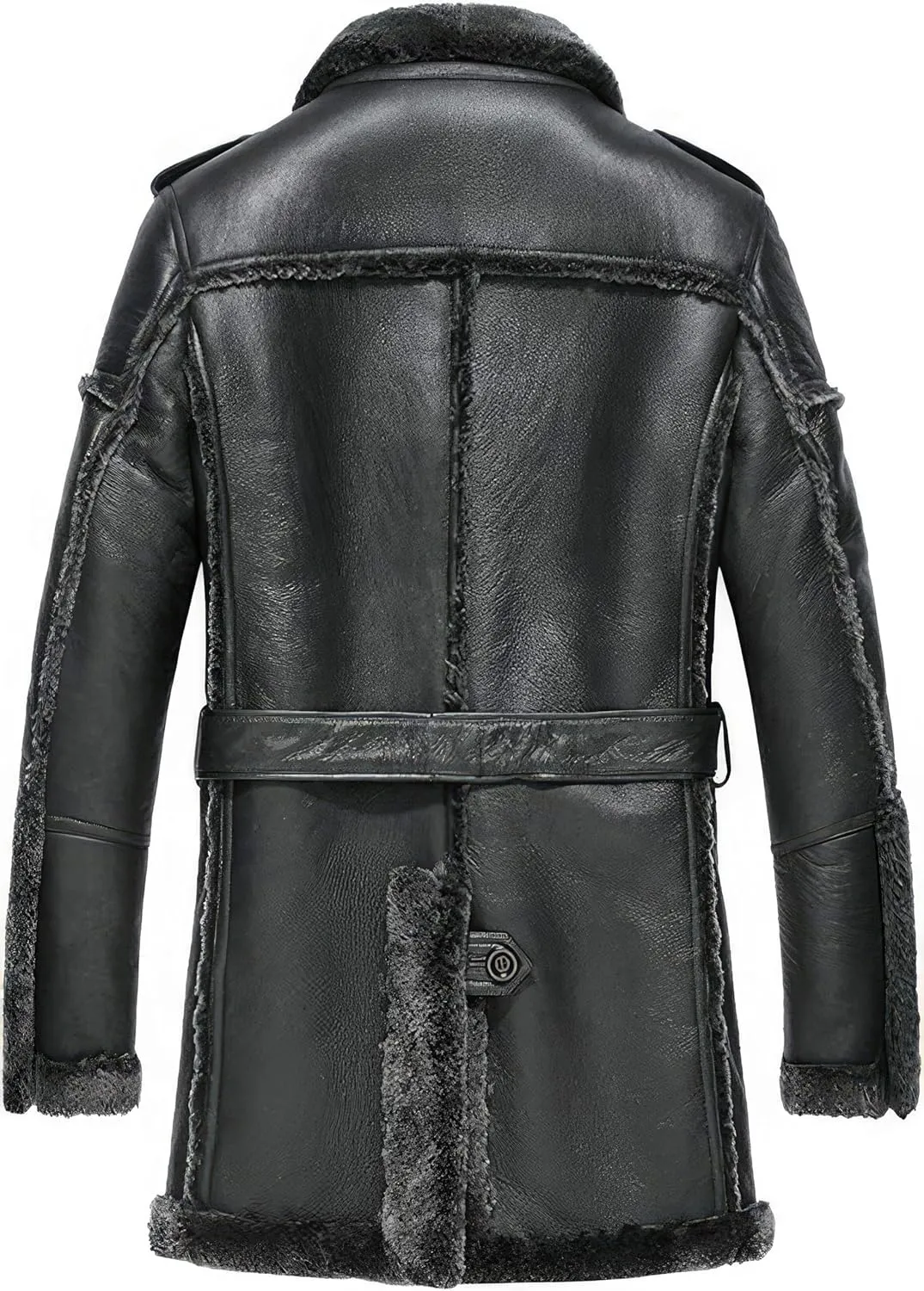 Mens RAF Aviator Black Sheepskin Leather Faux Fur Single Breasted Mid Length Coat - B3 Bomber Flying Pilot Trench Coat Men