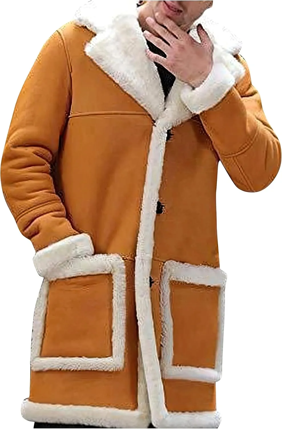 Mens RAF Aviator Genuine Sheepskin Leather Faux Fur Single Breasted Coat - Parka B3 Bomber Mid Length Trench Coat For Men