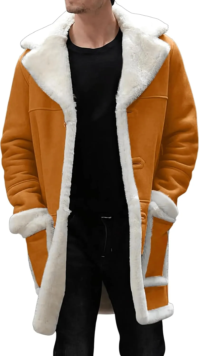 Mens RAF Aviator Genuine Sheepskin Leather Faux Fur Single Breasted Coat - Parka B3 Bomber Mid Length Trench Coat For Men