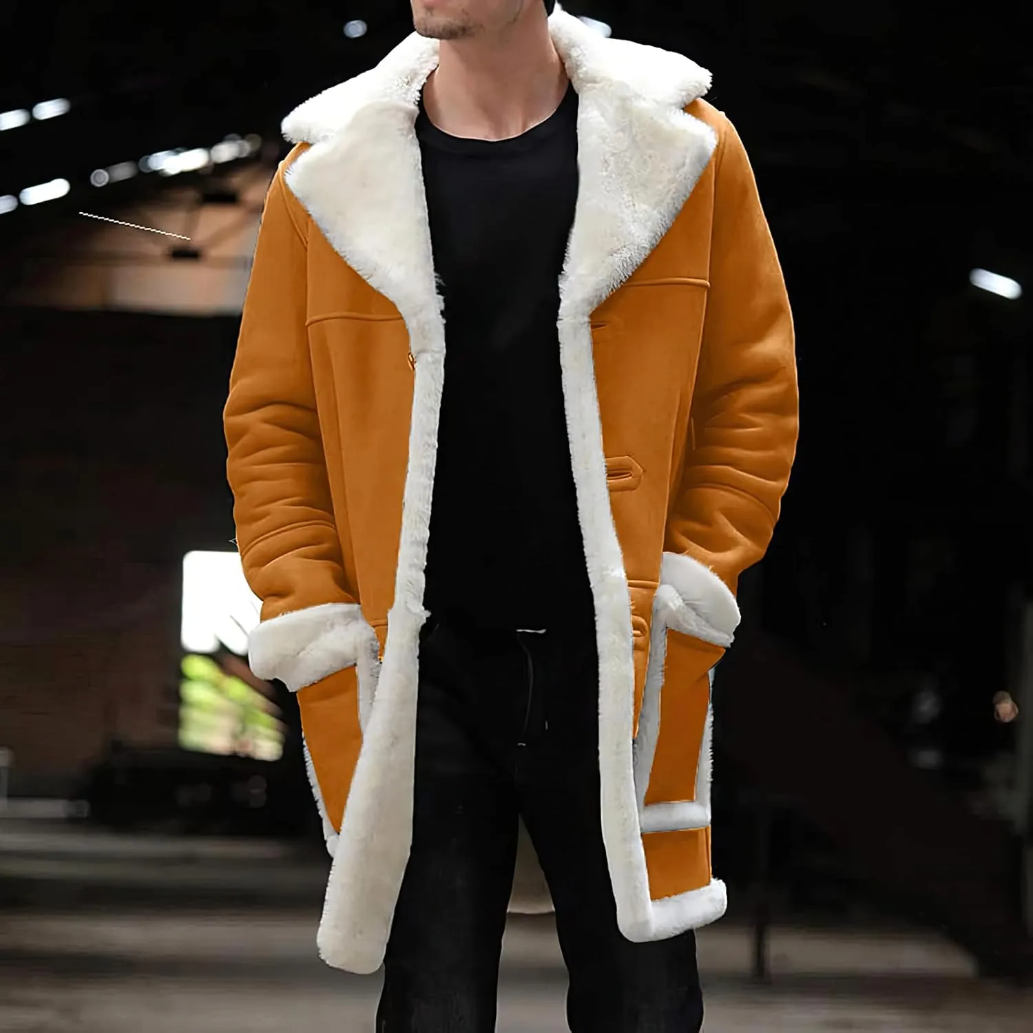 Mens RAF Aviator Genuine Sheepskin Leather Faux Fur Single Breasted Coat - Parka B3 Bomber Mid Length Trench Coat For Men