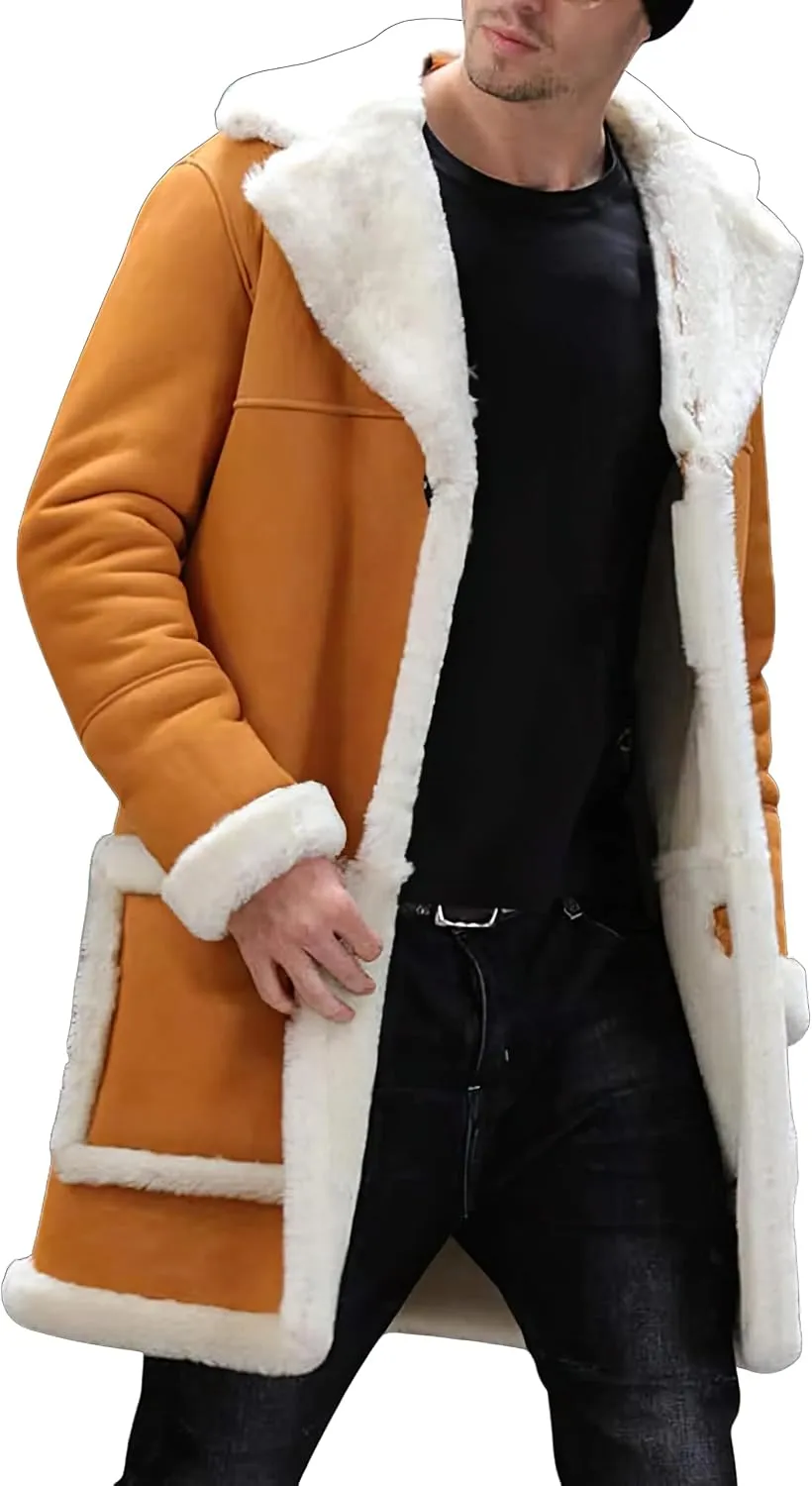 Mens RAF Aviator Genuine Sheepskin Leather Faux Fur Single Breasted Coat - Parka B3 Bomber Mid Length Trench Coat For Men