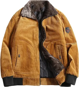 Men's Retro Sherpa Fleece Lined Corduroy Trucker Jackets Lapel Full Zip Faux Fur Neck Thickened Winter Thermal Coats
