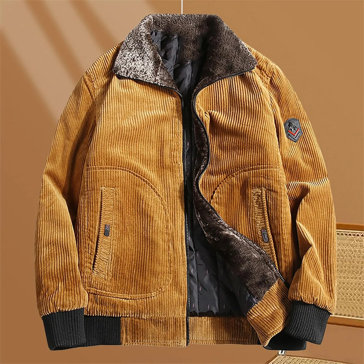 Men's Retro Sherpa Fleece Lined Corduroy Trucker Jackets Lapel Full Zip Faux Fur Neck Thickened Winter Thermal Coats