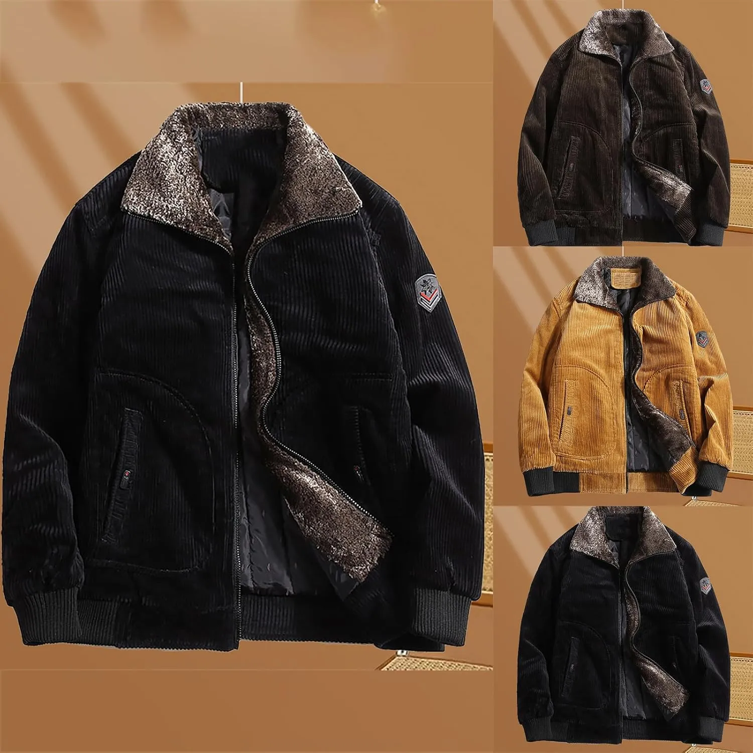 Men's Retro Sherpa Fleece Lined Corduroy Trucker Jackets Lapel Full Zip Faux Fur Neck Thickened Winter Thermal Coats