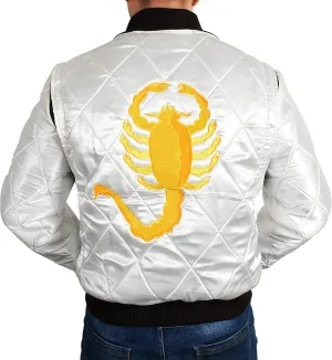 Mens Satin White Varsity Outerwear Bomber - Scorpion Logo Quilted Vintage Jacket - Lightweigth satin Bomber Jacket