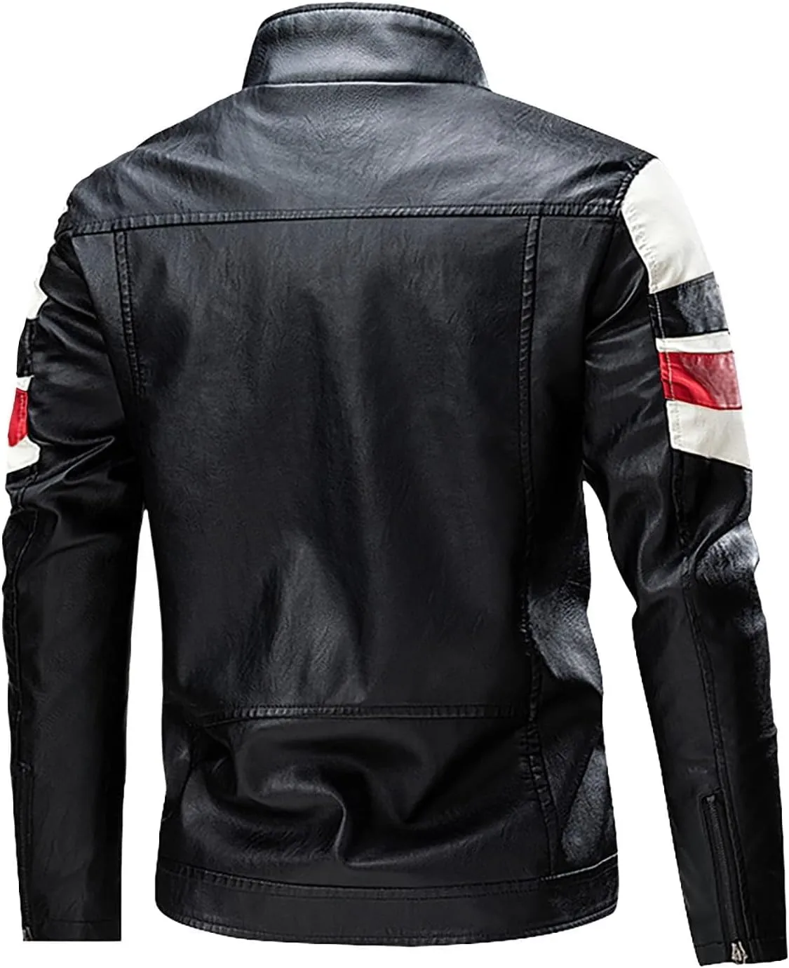 Men's Stand Collar Leather Jacket Fall Trendy Color Block Motor Biker Jacket Full Zip Outerwear Coats S-5XL