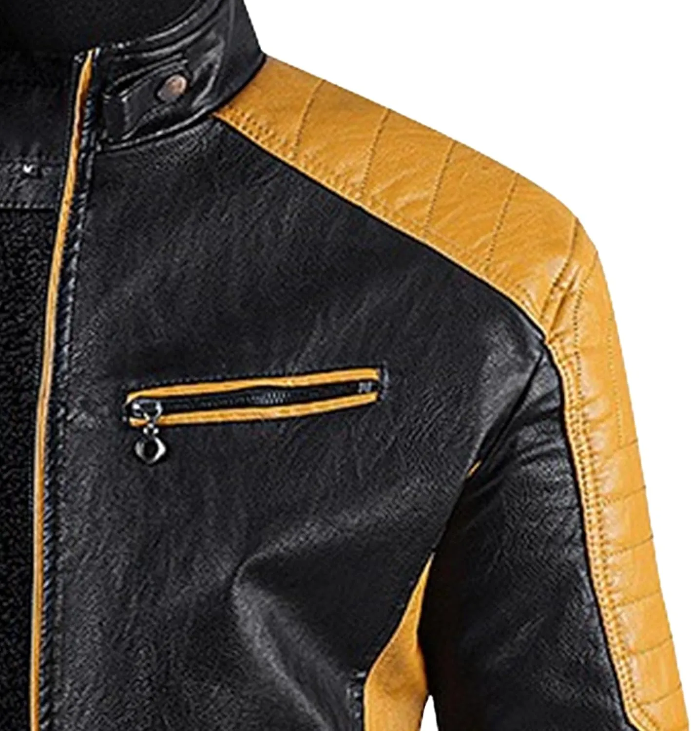 Men's Stand Collar PU Motorcycle Jacket Biker Riding Long Sleeve Coat Jackets Faux Zip-Up Slim Armor Leather Outerwear
