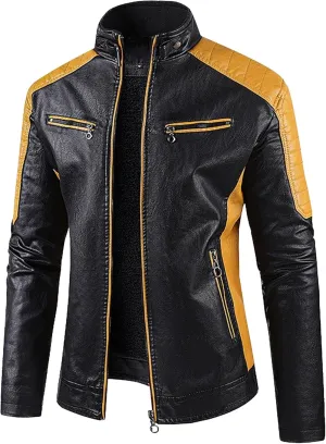 Men's Stand Collar PU Motorcycle Jacket Biker Riding Long Sleeve Coat Jackets Faux Zip-Up Slim Armor Leather Outerwear