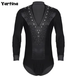 Men's V-Neck Dance Leotard Shirt Bodysuit Glitter Rhinestones Gymnastics Skating Ballroom Chacha Costume