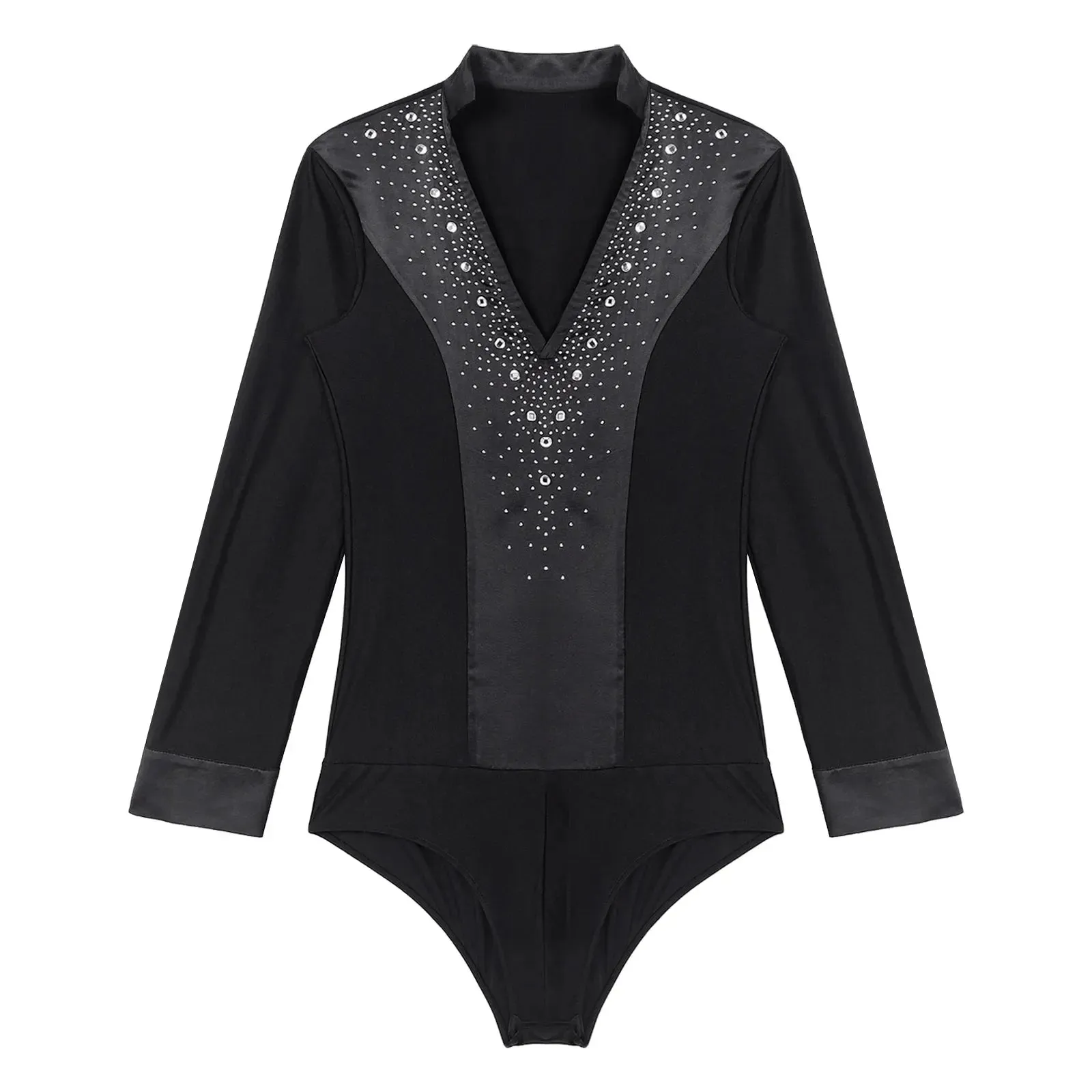 Men's V-Neck Dance Leotard Shirt Bodysuit Glitter Rhinestones Gymnastics Skating Ballroom Chacha Costume